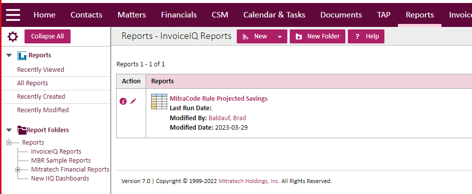 Report is shown in the InvoiceIQ Reports folder