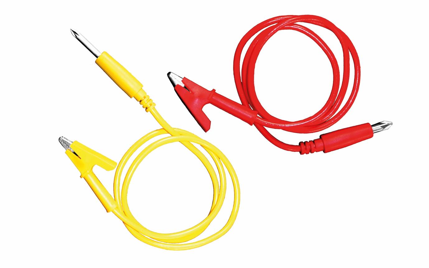 A red and yellow wire with clippers

Description automatically generated