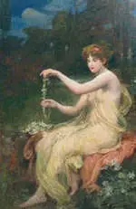 Here is an image depicting Harmonia wearing a beautiful translucent yellow dress and holding her necklace.