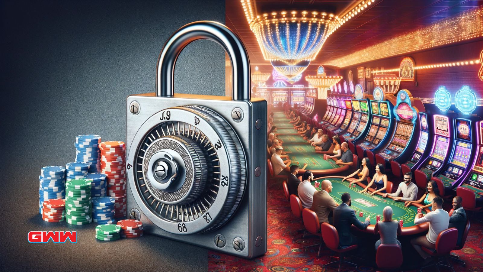 Split image of a secure lock and happy casino players in a casino with MGA license