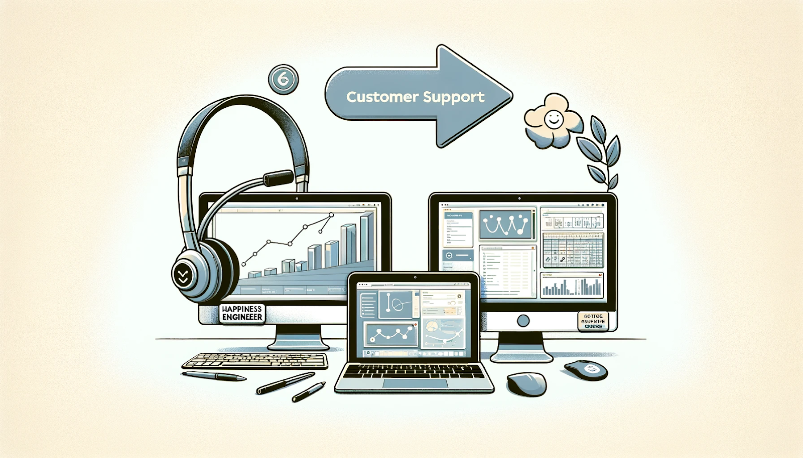 Illustration showing the evolution of tools from customer support to data science. The left side features customer support tools like a headset and a laptop, transitioning to the right with advanced data science tools, including multi-screen computers with data analysis software, graphs, and coding environments. The background is light and matches the theme.