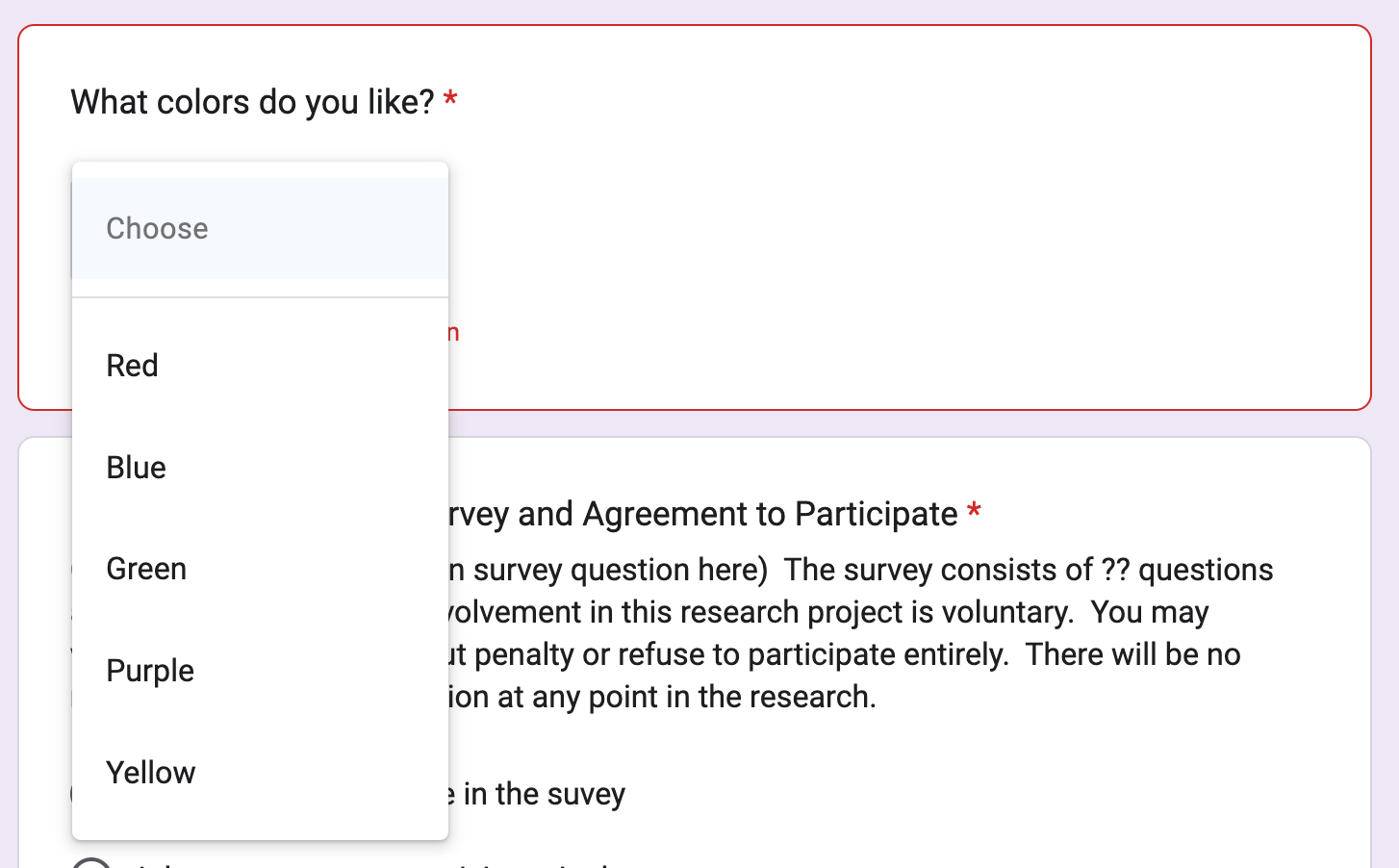 Example of a dropdown survey question