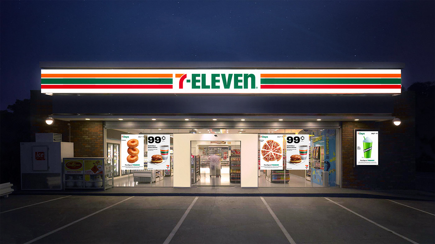 7-11's modern style branding. Image Source: Behance. Convenience Store Digital Signage - Rev Interactive