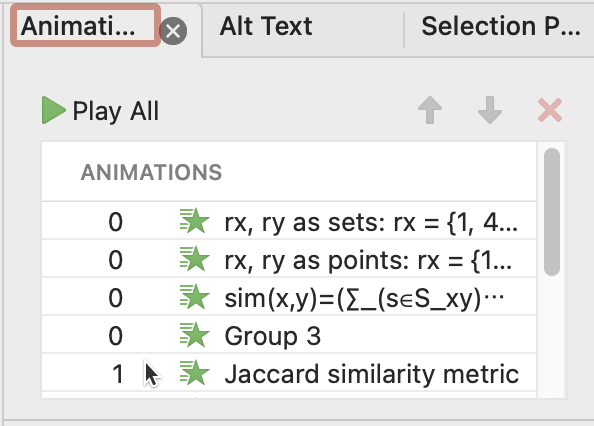This is a screenshot of the animation pane. On top it displays a green triangle followed by text "Play All". It is followed by an up and a down arrow and a delete button. Below this row shows "animations". Each animation is one row (it has 5 rows on the screenshot). Each animation has the animation order (0, 1, 2, ...) followed by the title of these animation. (Each animation can consist of multiple text chunks on a powerpoint). 