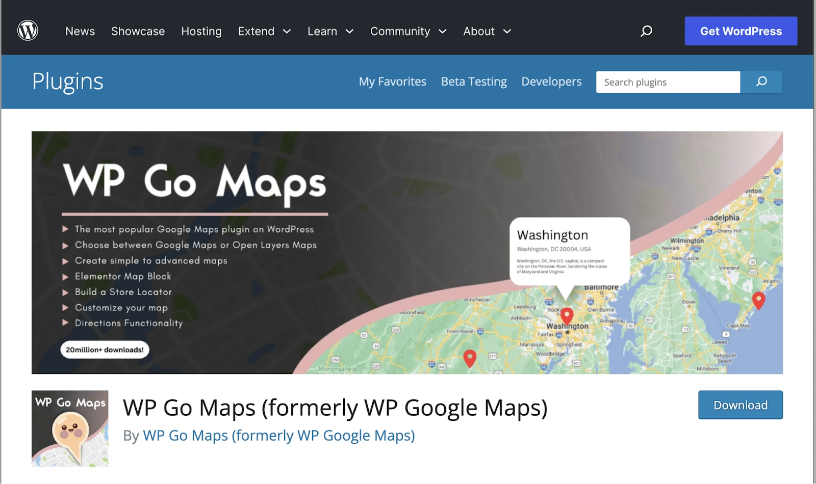 Captura de pantalla de WP Go Maps en la página "Plugins" de WordPress. Características del plugin en viñetas con un mapa parcial a la derecha.