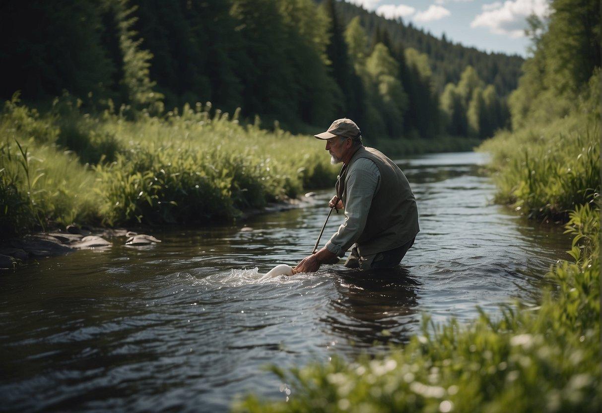 A serene river flows through a lush landscape, where sturgeon swim freely. A fisherman carefully harvests their eggs, marking the history of beluga caviar