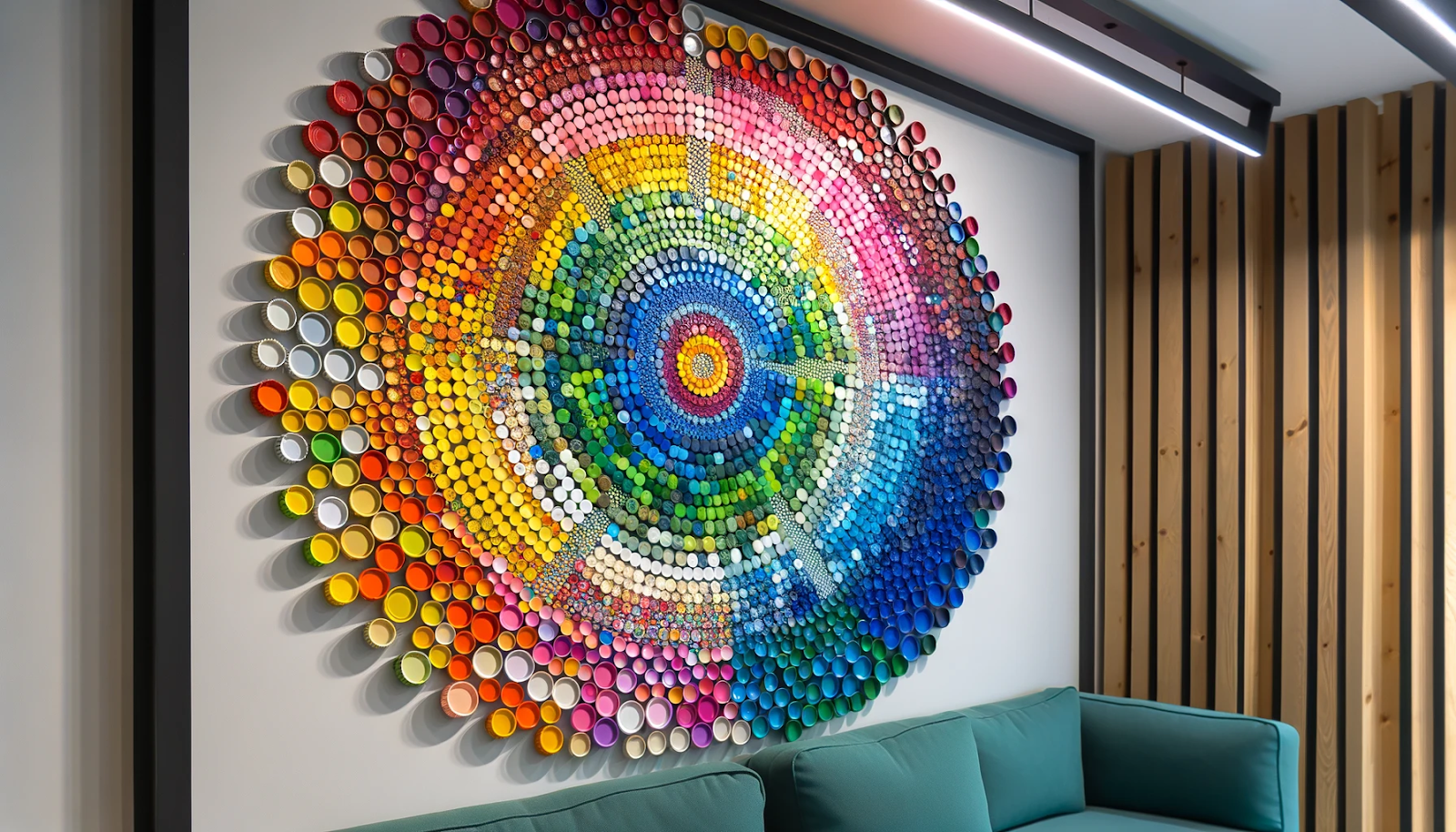 Foto de uma arte de parede exclusiva feita de artesanato com tampas de garrafas pet coloridas dispostas em um padrão de mosaico. A peça apresenta um lindo gradiente de cores e fica pendurada em uma sala bem iluminada.