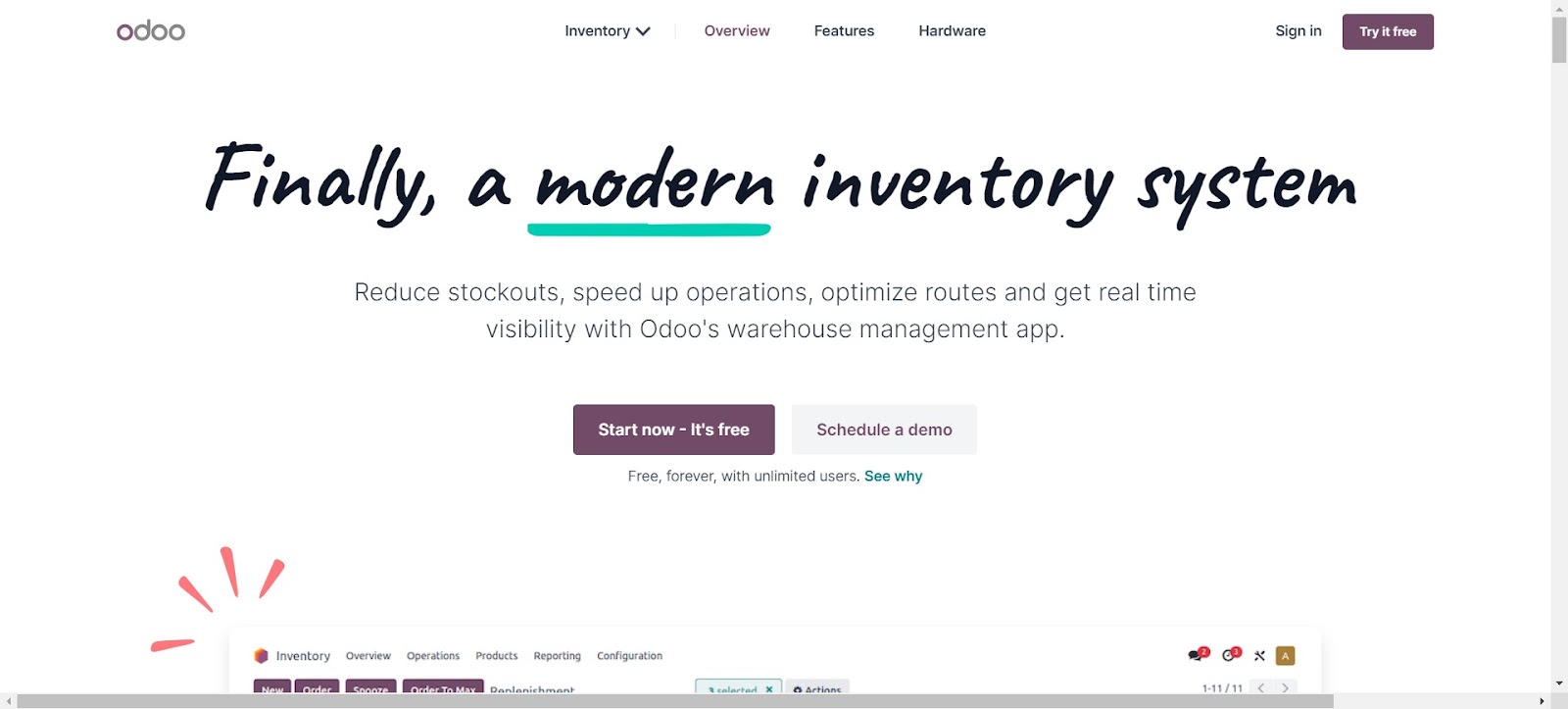 A screenshot of Odoo Inventory's website