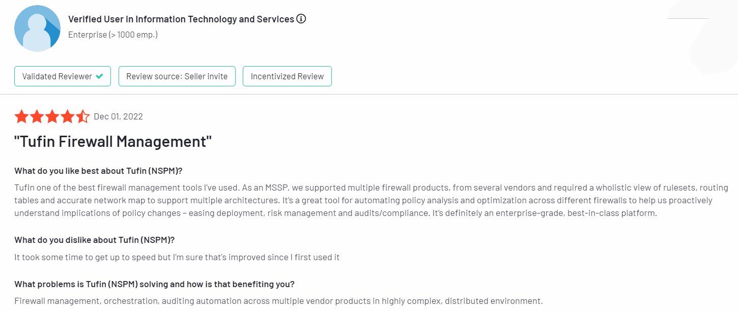 This image shows a user review on Tufin, one of the top firewall management tools.