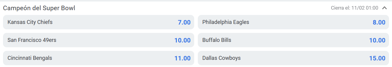 Cuotas de apuestas para el campéon del super bowl