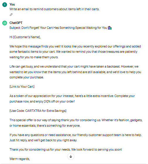 ChatGPT Prompts for Ecommerce
<p>Abandoned Cart Reminder Emails