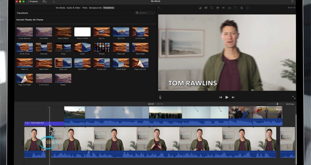 Transition icon in between 2 clips in the iMovie editing timeline