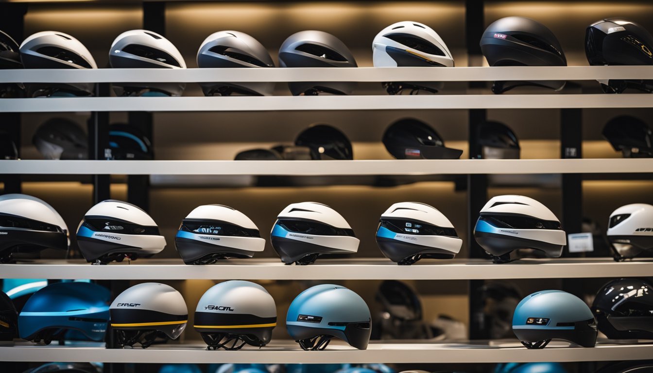 Sleek, aerodynamic road bike helmets lined up on a display shelf, each featuring advanced ventilation and impact protection technology