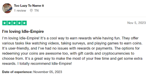 A five-star Idle Empire review on Trustpilot. 