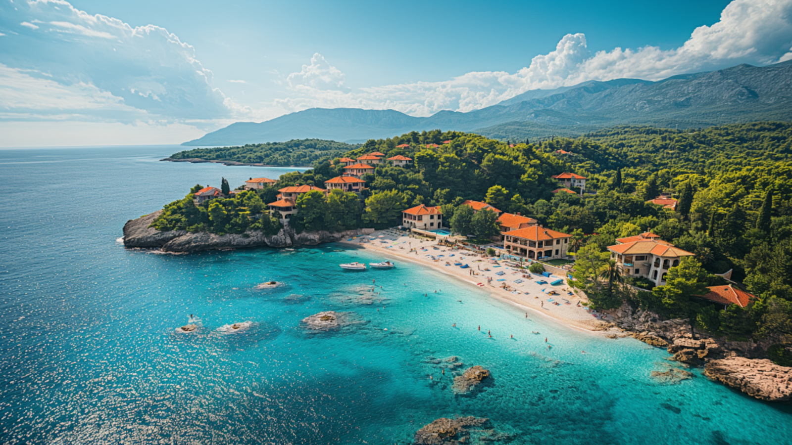 Panoramic view of Golden Cape in Brač with its unique, wind-shaped shoreline amidst lush greenery.