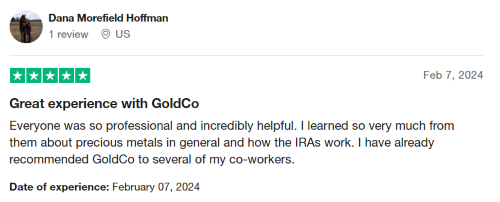 A five-star Goldco review from someone who loved how professional and helpful the Goldco team was. 
