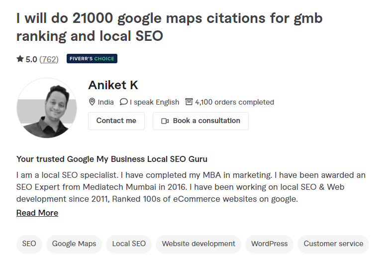 Example of Google Maps Citations SEO gig. Google Maps Citations have zero effect in SEO or GMB and may even hurt your rankings.