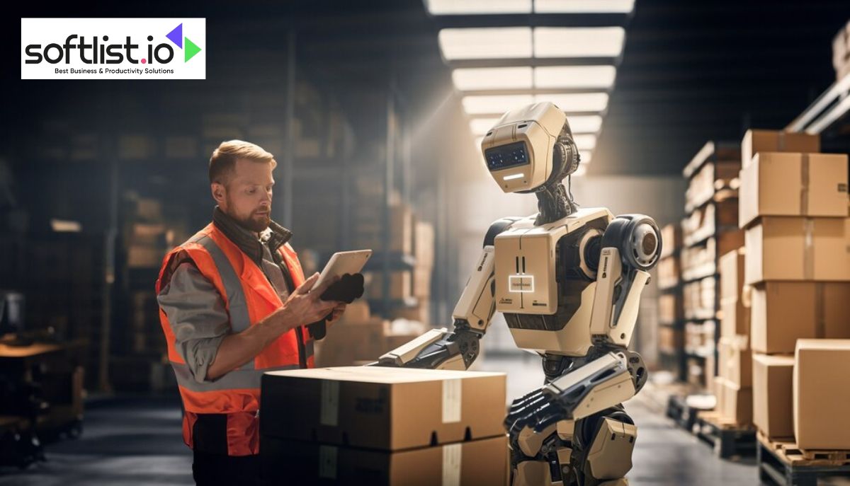 Man and robot using tablet in warehouse.