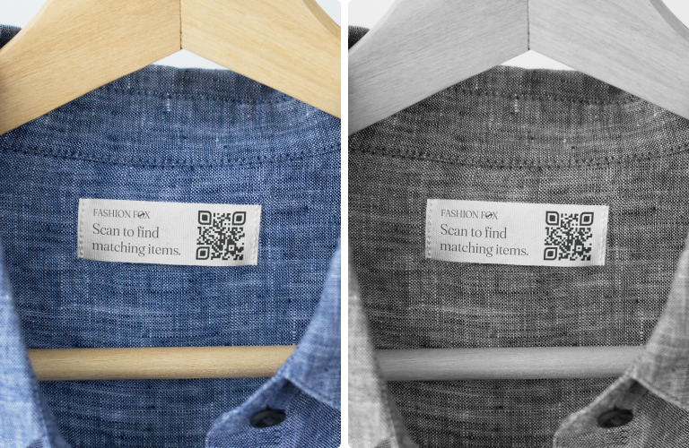 A blue and grey shirt presented side by side with QR Code tags stitched on each sweater.