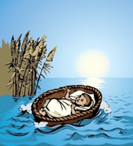 A cartoon of a baby in a basket in water

Description automatically generated