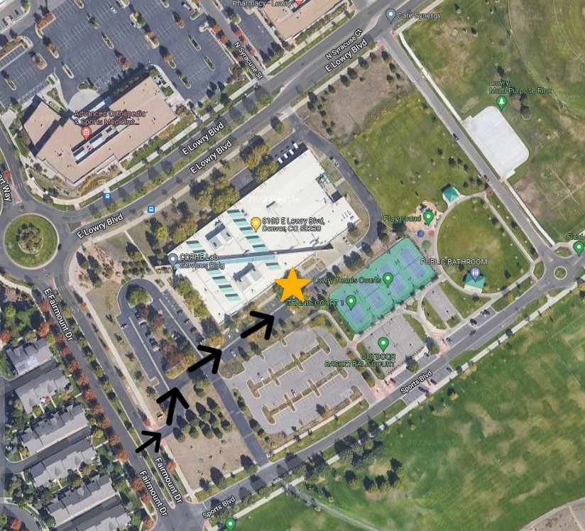 The receiving door is on the south side of the building which is indicated by a yellow star. There are black arrows that direct you from East Fairmount Drive, through the parking lot, and to the receiving door.