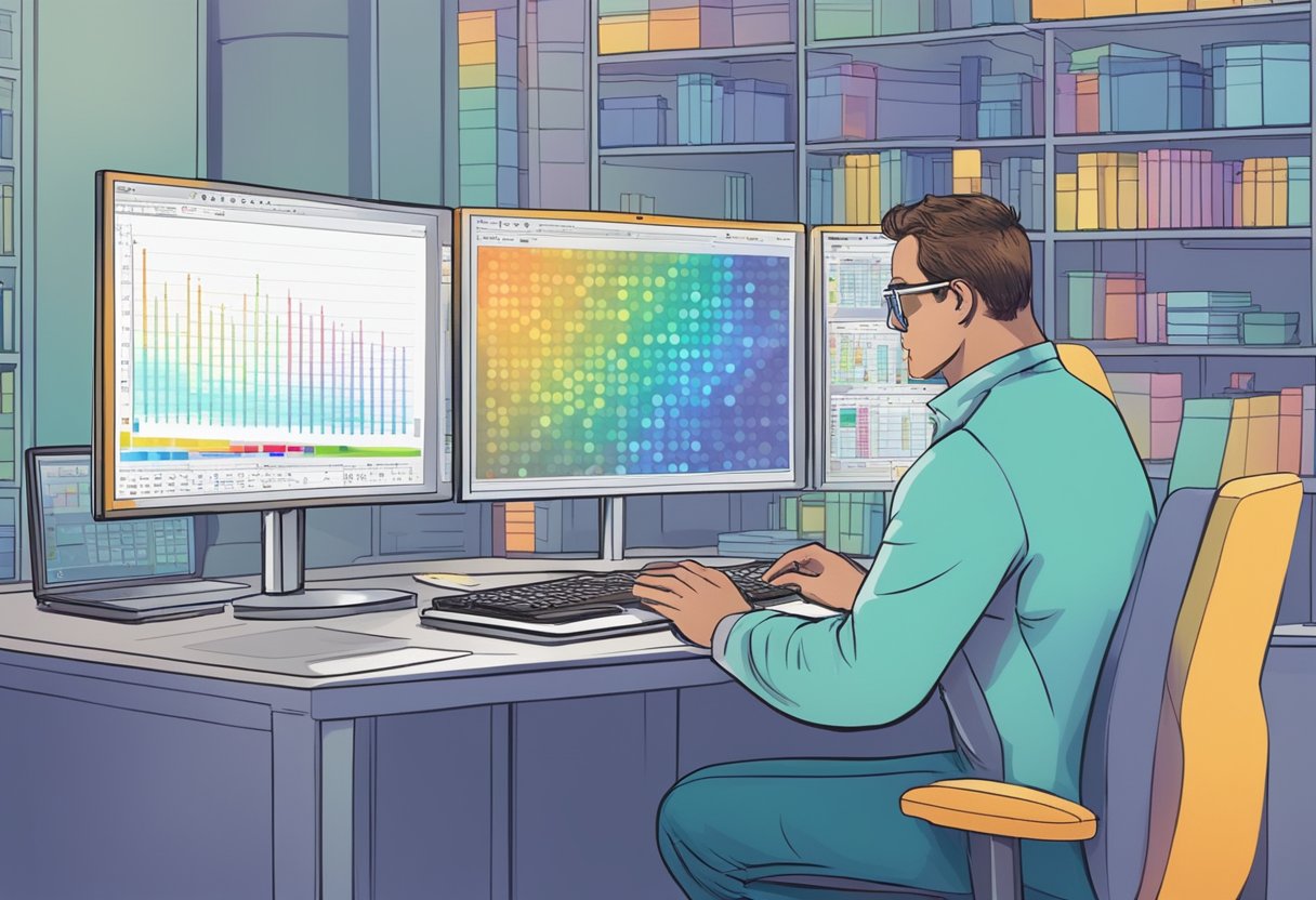 A microarray slide with colorful spots, a computer displaying data analysis software, and a scientist analyzing results