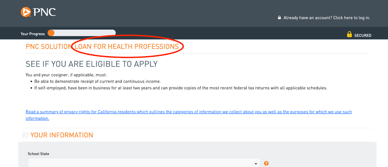 A screenshot of the PNC website emphasizing its solution loan for health professions