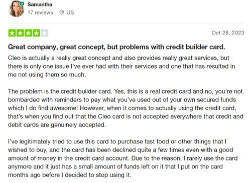 A positive Cleo Credit Builder Card review from someone who likes the concept behind the Cleo Credit Builder Card. 