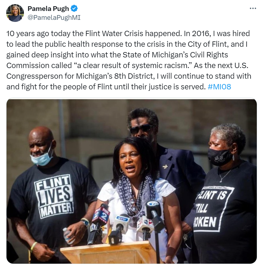 0 years ago today the Flint Water Crisis happened. In 2016, I was hired to lead the public health response to the crisis in the City of Flint, and I gained deep insight into what the State of Michigan’s Civil Rights Commission called “a clear result of systemic racism.” As the next U.S. Congressperson for Michigan’s 8th District, I will continue to stand with and fight for the people of Flint until their justice is served. #MI08