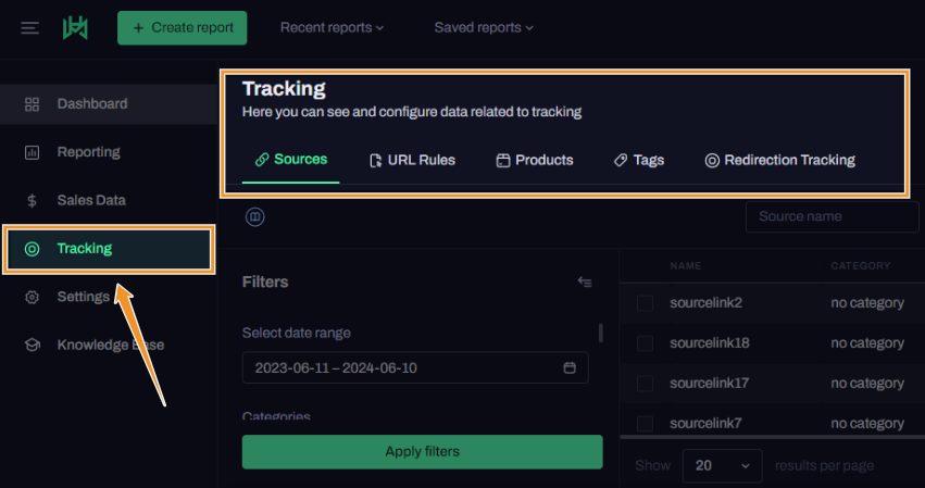 Hyros’ Tracking menu gives you a bunch of ways to filter tracked data across date ranges.