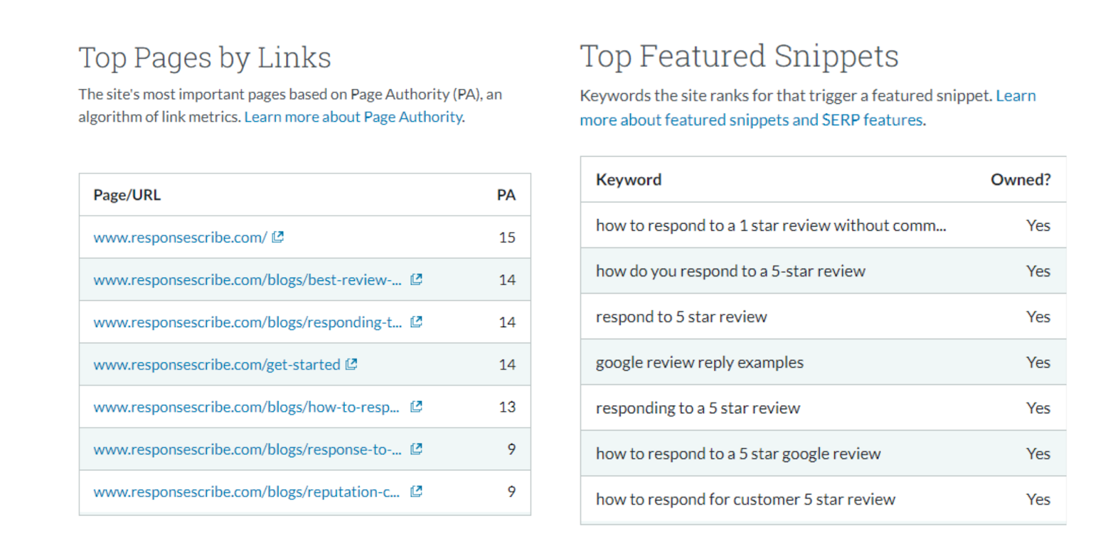results on page authority and featued snippets for ResponseScribe after 6 months