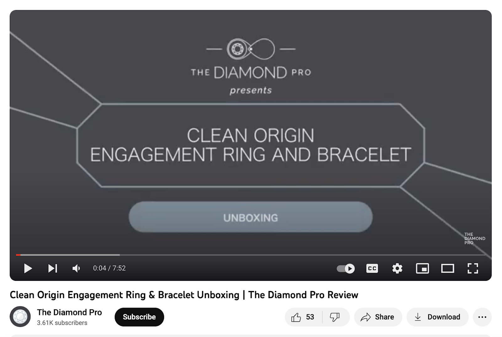 Screenshot of YouTube unboxing video for Clean Origin engagement ring and bracelet