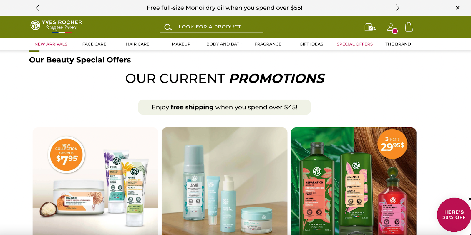 Segment on Yves Rocher website dedicated to contests and giveaways.