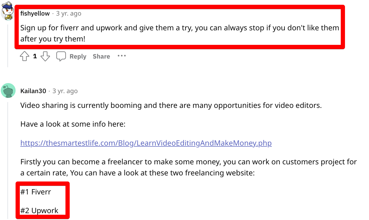 Screenshot of Redditors suggesting Fiverr as a great way to earn money as a video editor. 