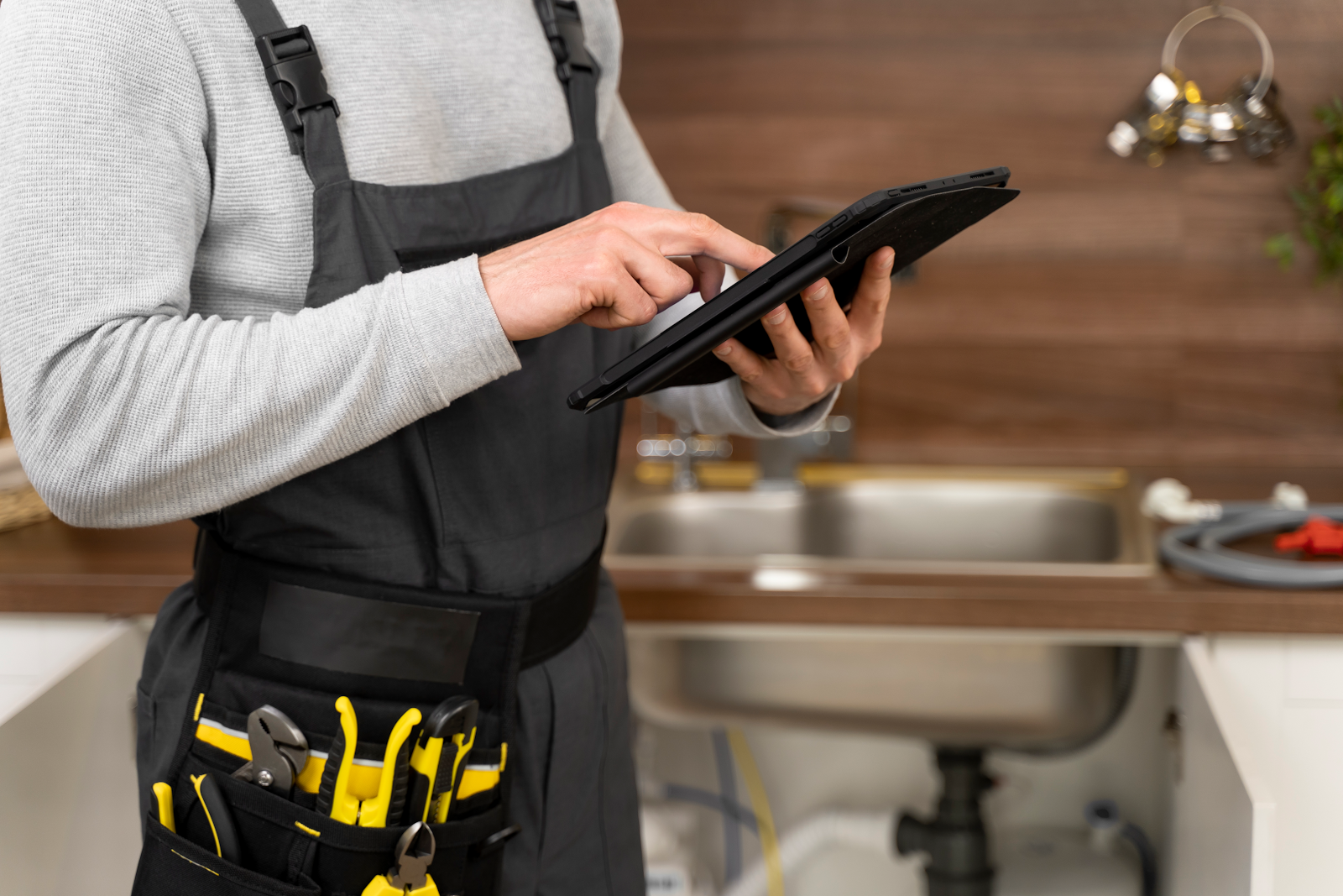 a plumber using a tablet