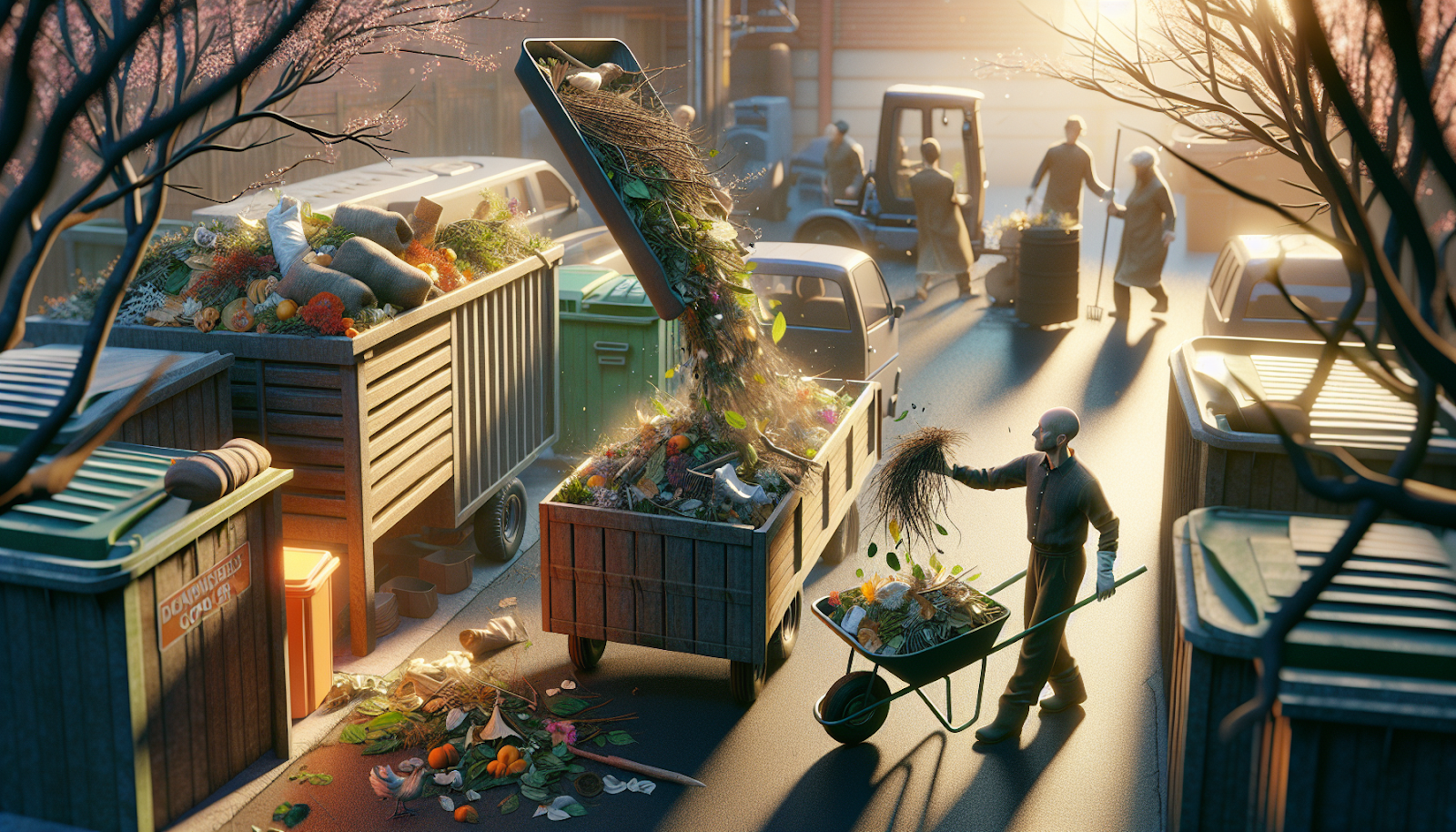 An artistic rendering of a person dropping off garden waste at a recycling facility