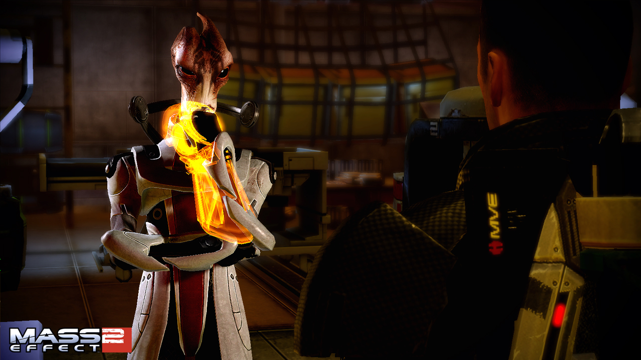 An in game screenshot of Mordin from Mass Effect 2. 