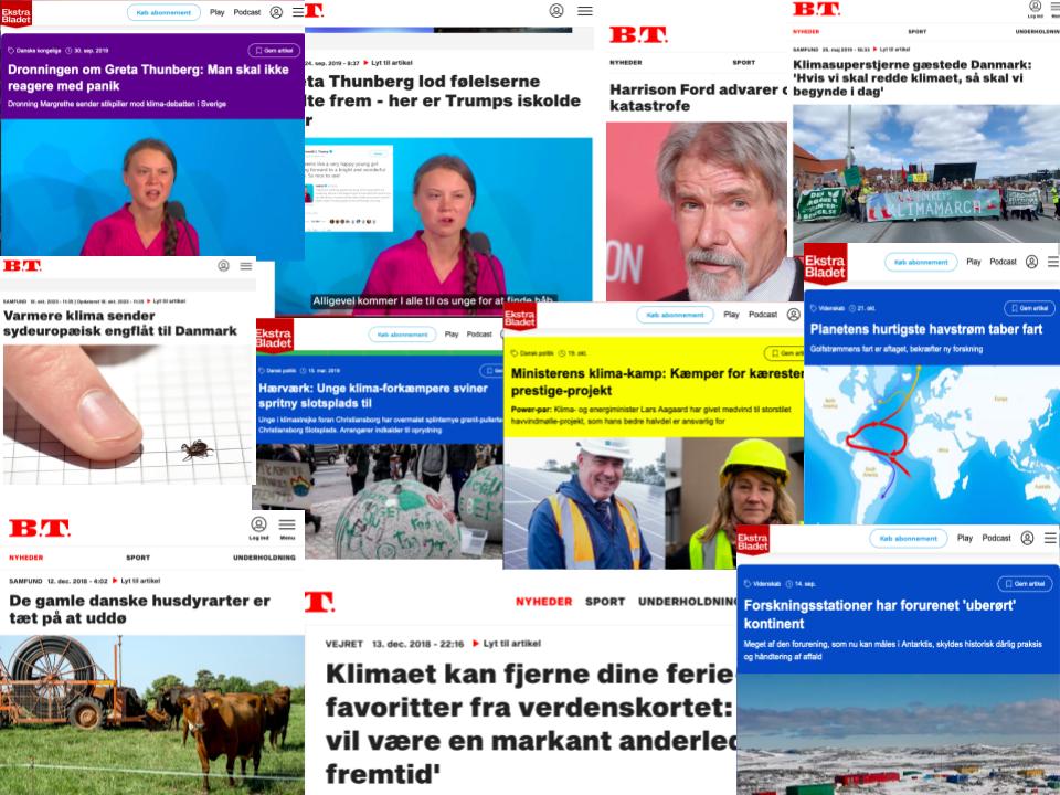 A patchwork of headlines from Ekstra Bladet and B.T., two of the most important and popular newspapers in Denmark.
