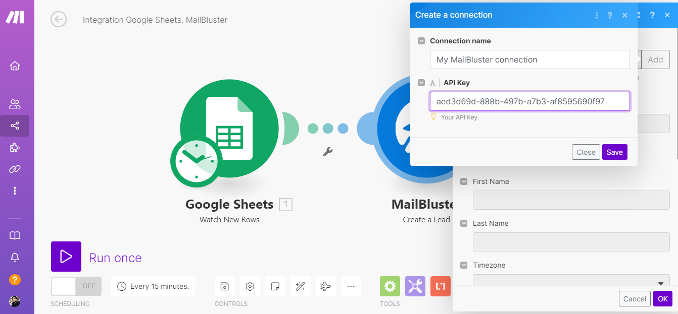 Adding API Key in Create a connection on Make