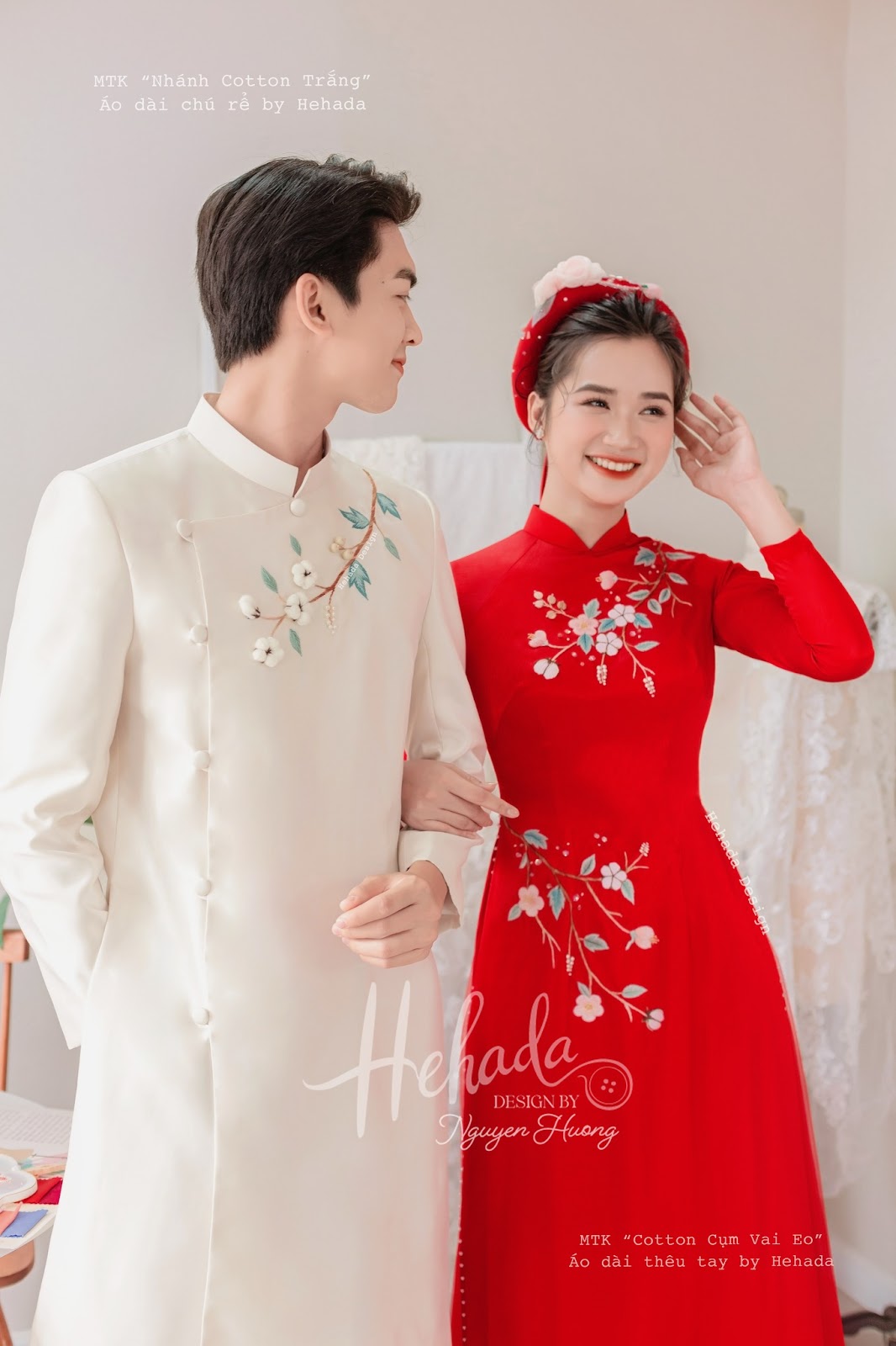 Couple áo dài cưới Hoa Cotton New 
