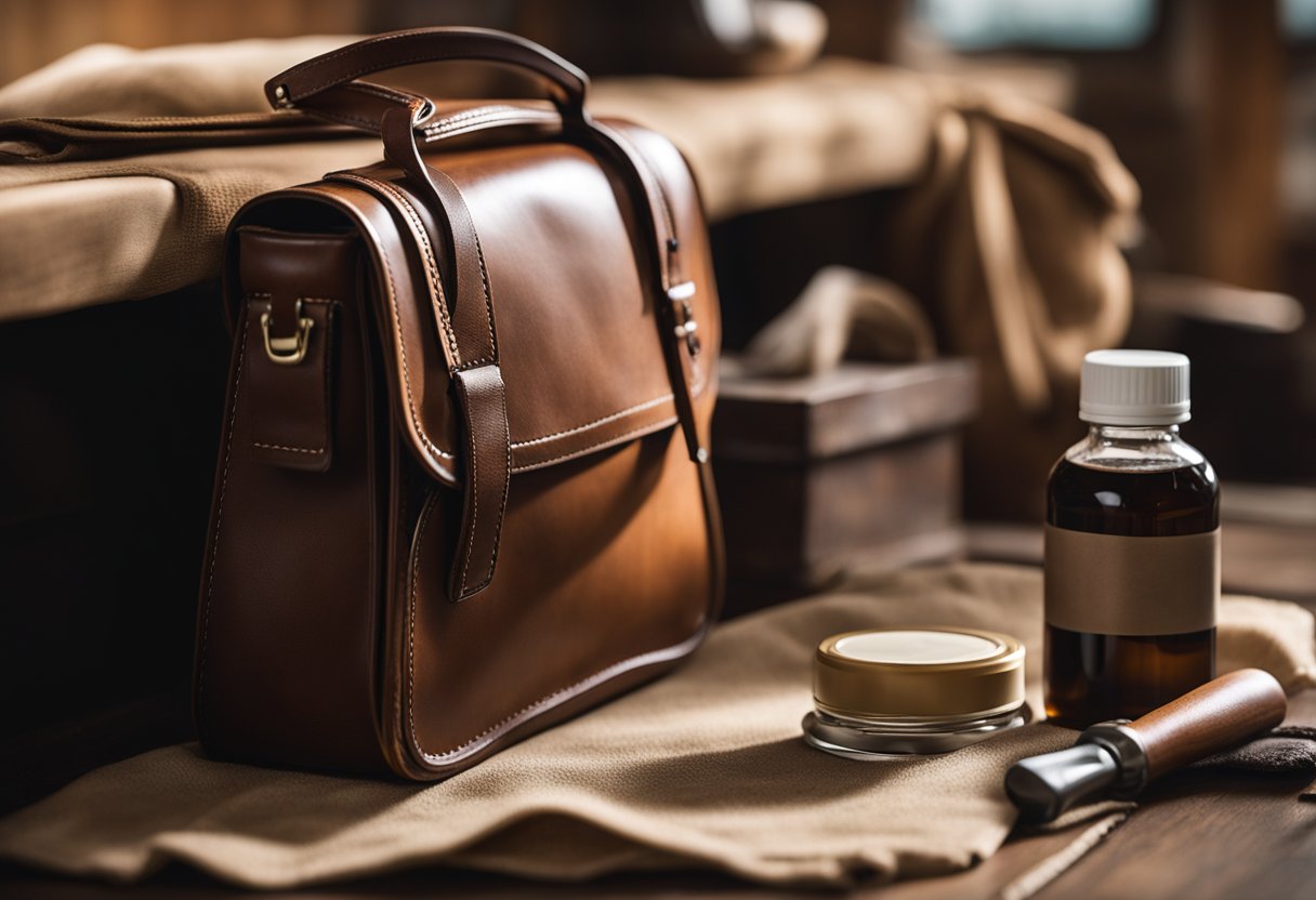 A bovine leather bag sits on a clean, well-lit workbench. A bottle of leather conditioner and a soft cloth are nearby, ready for use