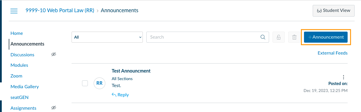 Canvas Announcement page with create Announcements button highlighted.