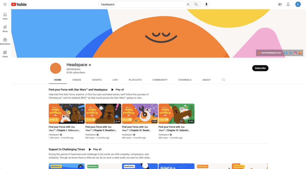 Kênh YouTube của Headspace nơi hình ảnh biểu ngữ, ảnh hồ sơ và hình thu nhỏ video của họ đều có màu sắc và đồ họa tương tự nhau.