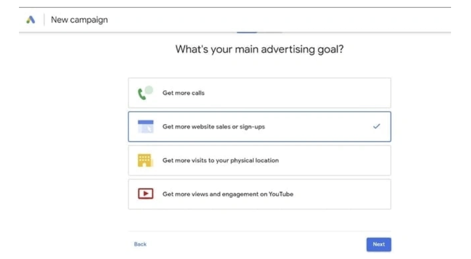 google ad examples, Select your advertising goal.
