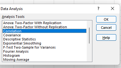 how to calculate correlation coefficient in excel: correlation option