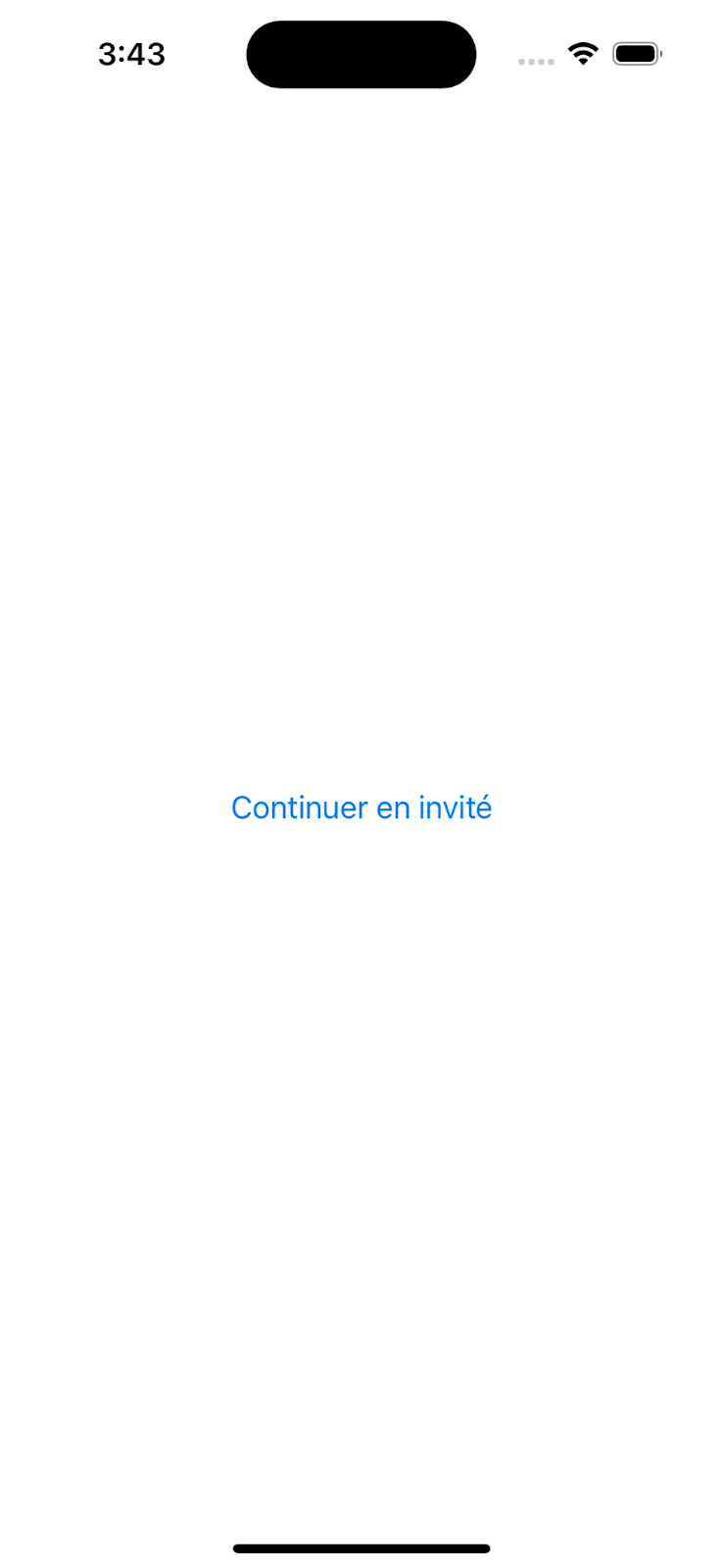 Ecran de l'application avec le bouton "Continuer en invité"