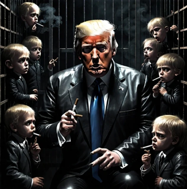 Trump wearing leather suit surrounded by smoking children in a cage