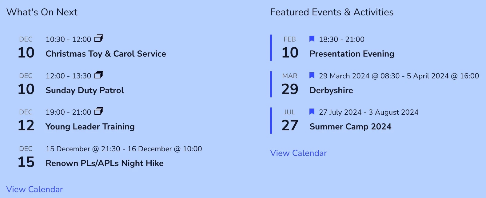 two column default list view calendar with what's on next in left column and featured events and activities in right column 