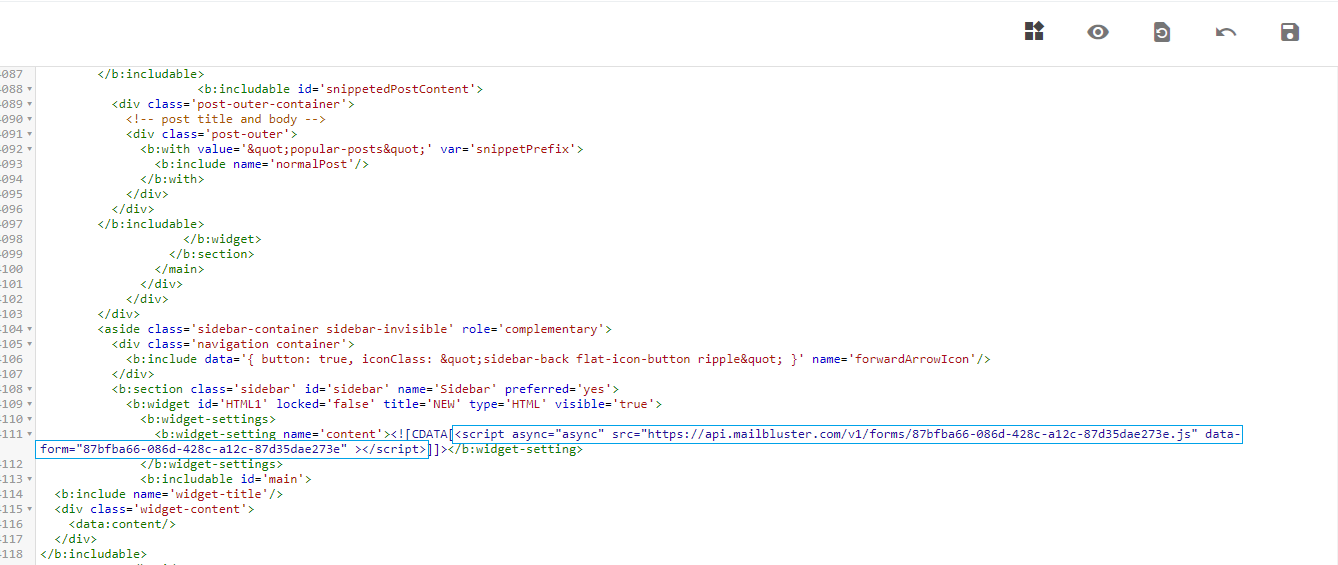 Pasting Inline form code on the website HTML section