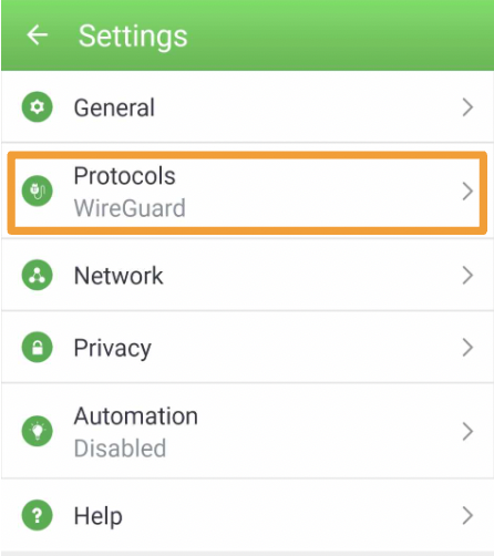  screenshot of protocols settings in PIA VPN app